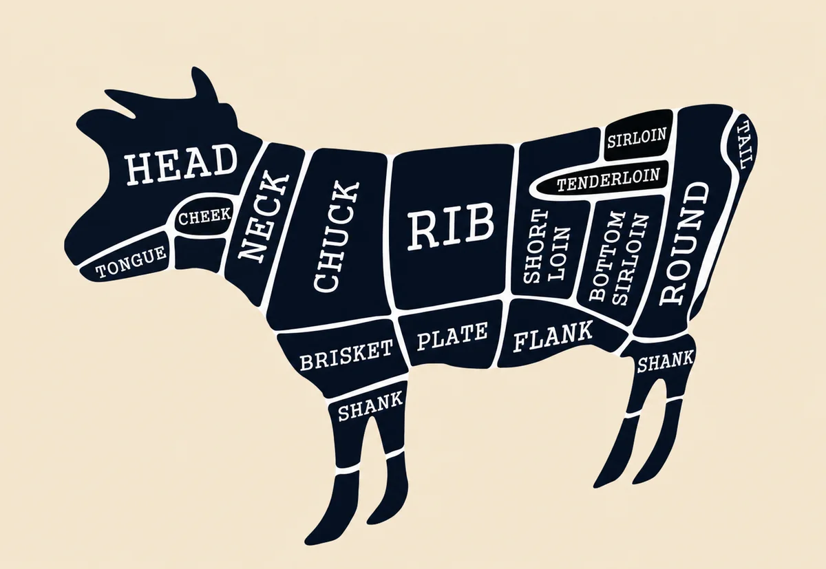 Diagramma dei tagli del bovino: la denver steak proviene dalla zona chuck, tra collo e spalla