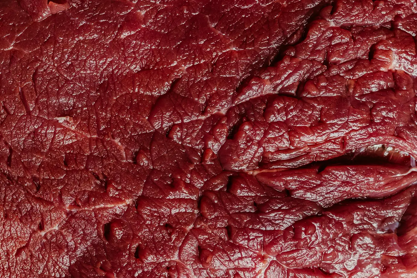 Dettaglio della fibra muscolare e del colore rosso vivo della carne bovina cruda