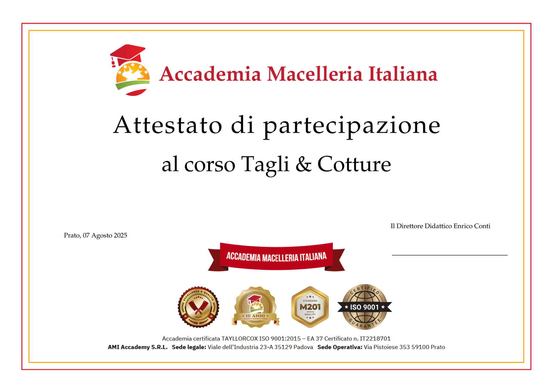 Certificato Corso Tagli e Cotture del Bovino